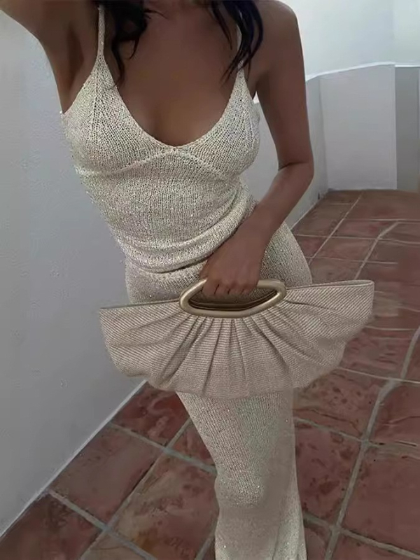 Ženski pleteni dvodjelni set s topom bez rukava i uskom dugom suknjom za plažu