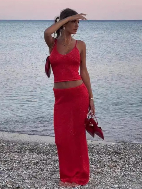 Ženski pleteni dvodjelni set s topom bez rukava i uskom dugom suknjom za plažu