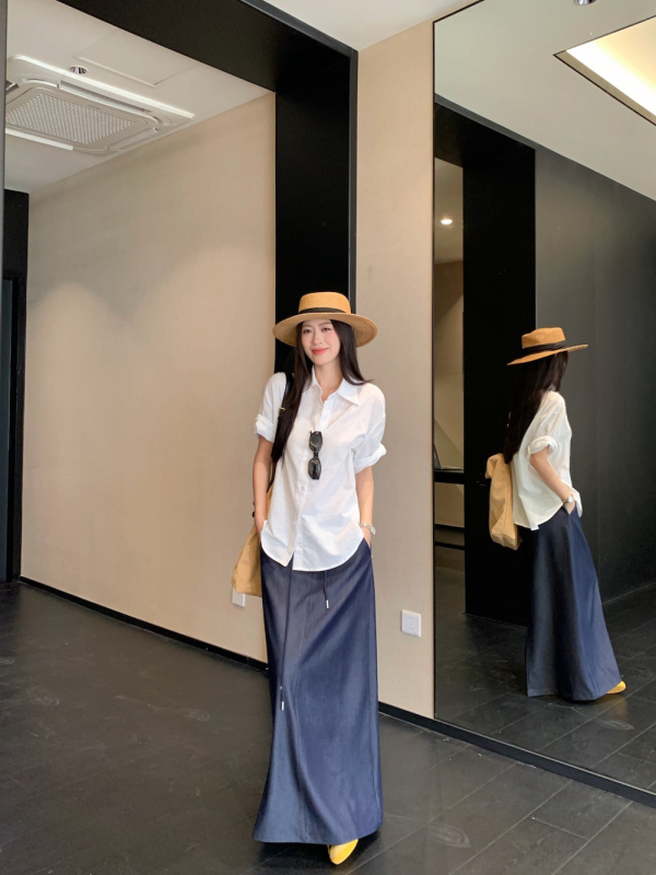 Ženski set: bijela košulja u korejskom minimalističkom stilu za posao i tanka denim suknja, Old Money stil, 86254