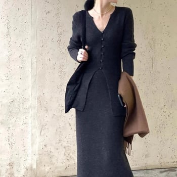 Ženski dvodijelni set: pleteni kardigan u Hepburn stilu i duga suknja, retro