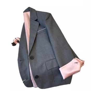 Sivo žensko sako za proljeće, korejski stil, kontrastno šivanje, elegantno sako