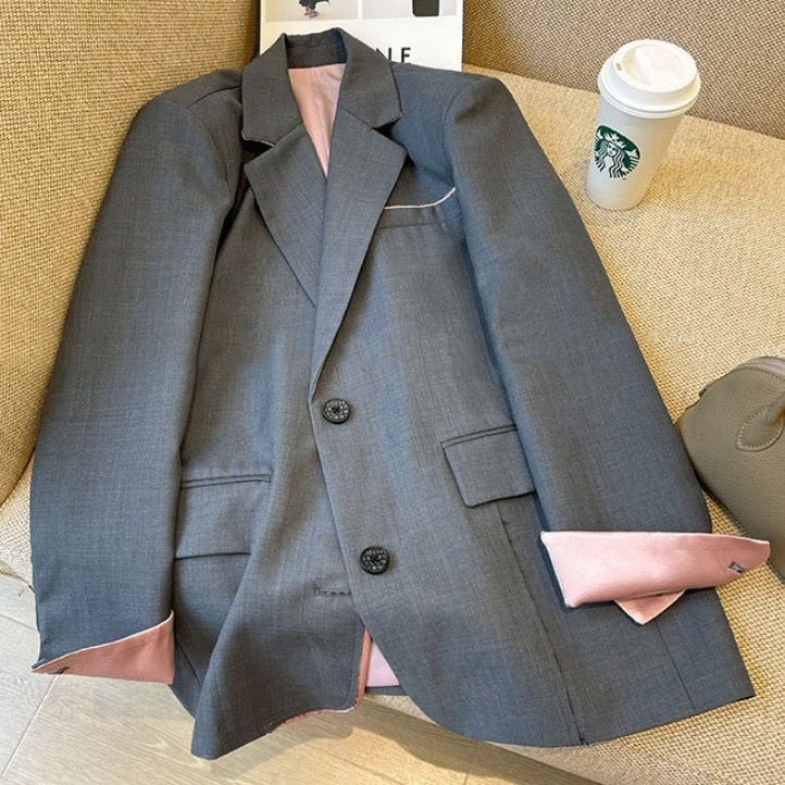 Sivo žensko sako za proljeće, korejski stil, kontrastno šivanje, elegantno sako