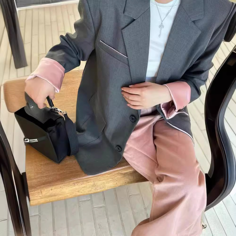 Sivo žensko sako za proljeće, korejski stil, kontrastno šivanje, elegantno sako