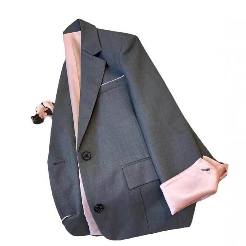 Sivo žensko sako za proljeće, korejski stil, kontrastno šivanje, elegantno sako