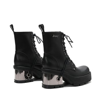 Tamne motociklističke čizme s debelim potplatom i masivnom petom, retro punk čizme na vezanje s metalnim detaljima, ženske čizme