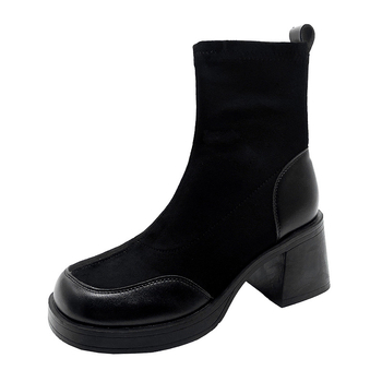 Ženske nubuk čizme s debelim petom, crne, bočni zip, vintage stil, okrugli vrh, srednje visina pete 3–5 cm, debeli potplat, jesen 2024