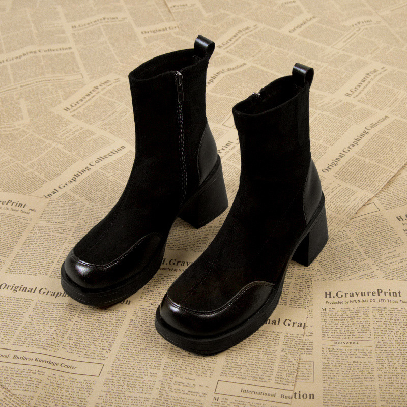Ženske nubuk čizme s debelim petom, crne, bočni zip, vintage stil, okrugli vrh, srednje visina pete 3–5 cm, debeli potplat, jesen 2024