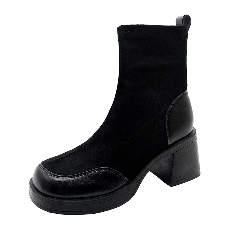Ženske nubuk čizme s debelim petom, crne, bočni zip, vintage stil, okrugli vrh, srednje visina pete 3–5 cm, debeli potplat, jesen 2024