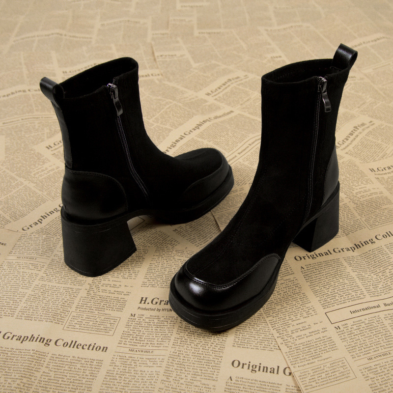 Ženske nubuk čizme s debelim petom, crne, bočni zip, vintage stil, okrugli vrh, srednje visina pete 3–5 cm, debeli potplat, jesen 2024