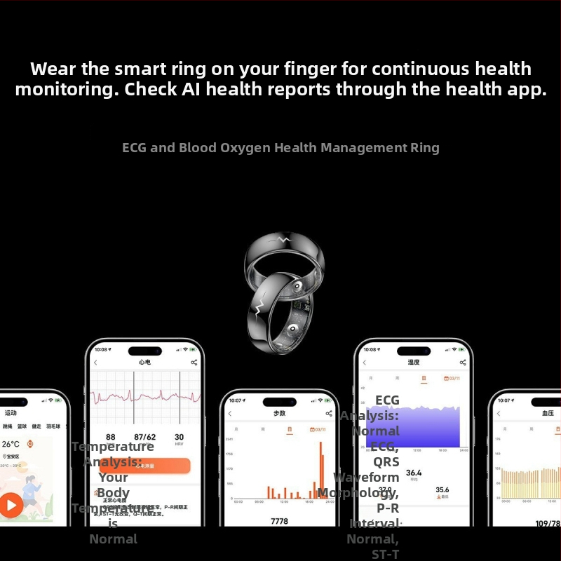 Inteligentni prsten za praćenje zdravlja s EKG-om, otkucajima srca, saturacijom kisikom, praćenjem sna, Bluetooth