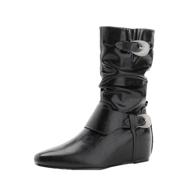 Ženske crne Martin čizme s skrivenim povećanjem visine, oštrim nosom, kratke slip-on čizme, zapadni stil
