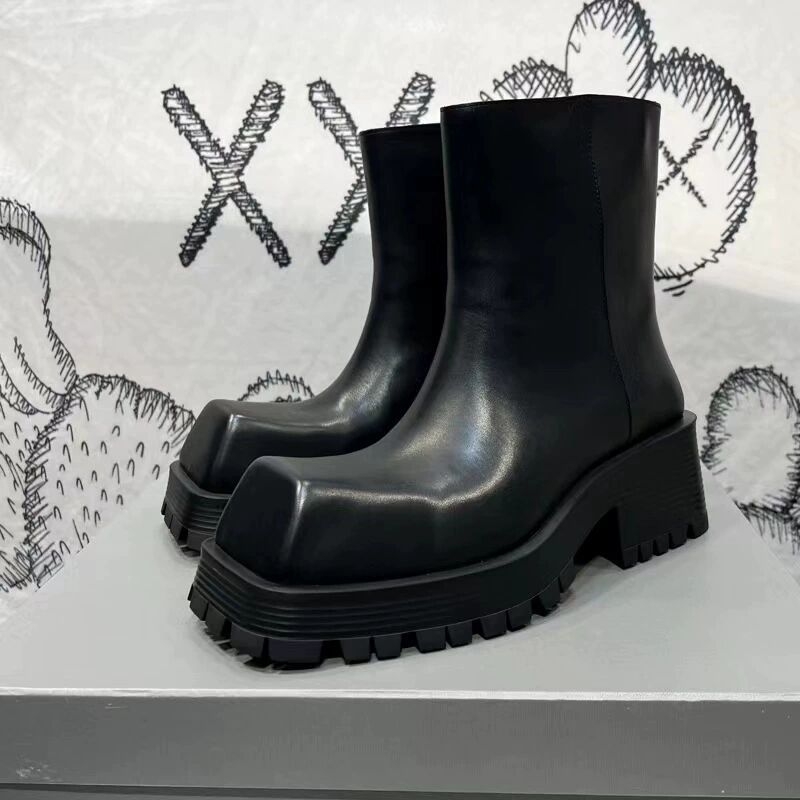 Unisex kožne Chelsea čizme s platformom, četvrtastim vrhom, srednjom visinom pete, vodootporne, vezanje.