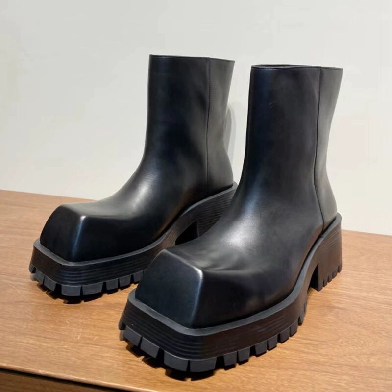 Unisex kožne Chelsea čizme s platformom, četvrtastim vrhom, srednjom visinom pete, vodootporne, vezanje.