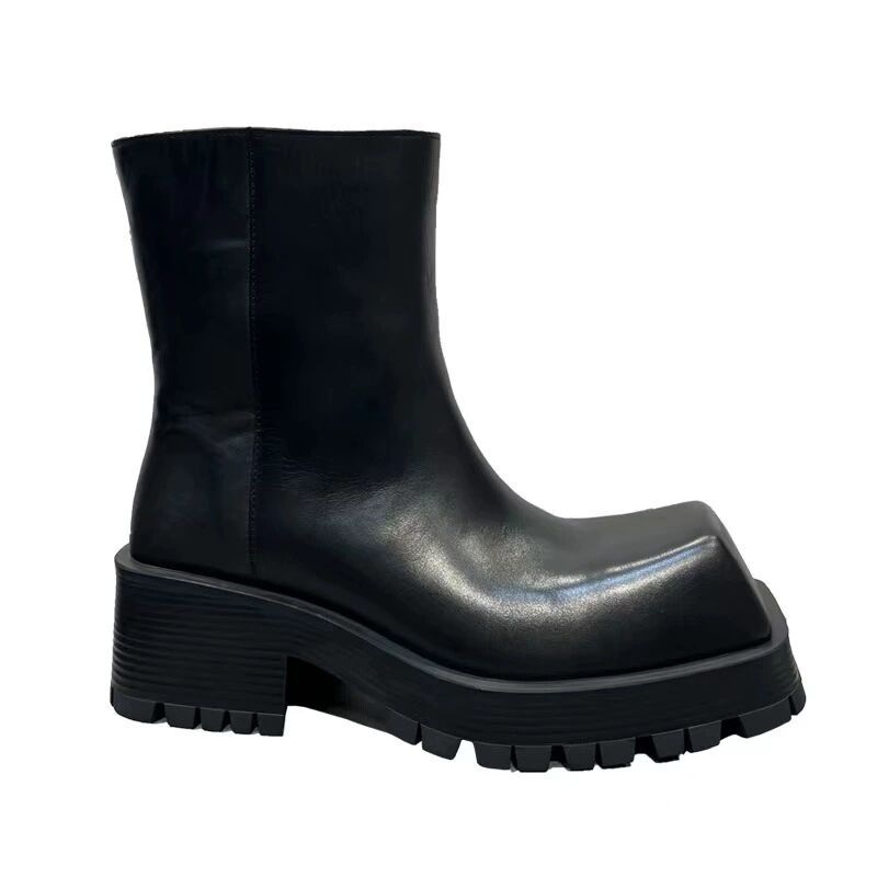 Unisex kožne Chelsea čizme s platformom, četvrtastim vrhom, srednjom visinom pete, vodootporne, vezanje.