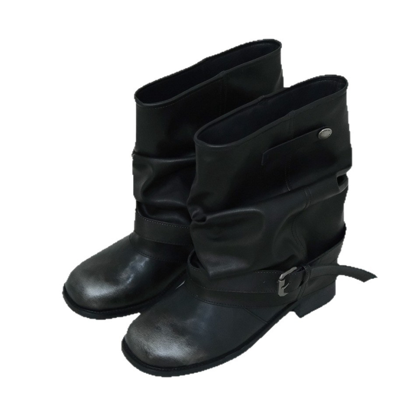 Ženske čizme od teleće kože u zapadnjačkom stilu, crne, s okruglim vrhom, retro casual, prirodna koža, debela peta