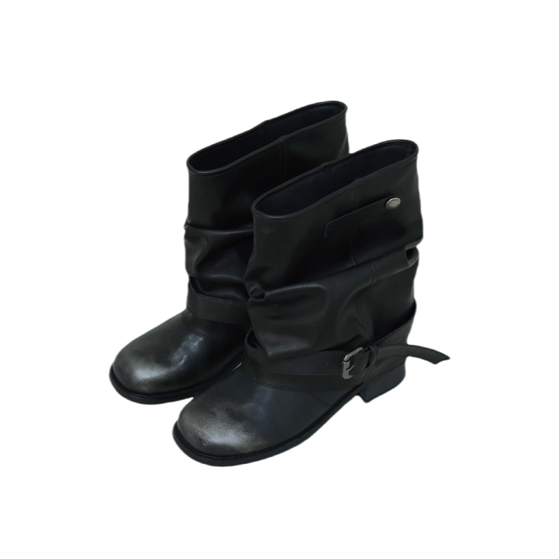Ženske čizme od teleće kože u zapadnjačkom stilu, crne, s okruglim vrhom, retro casual, prirodna koža, debela peta