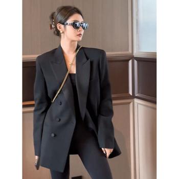 Crni ženski casual blazer, jesen 2025, nova verzija, uski struk