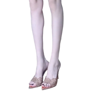 Ženske čipkaste sandale u boji šampanjca, visoke potpetice, 8 cm visina, udobne i elegantne uz uski vrh