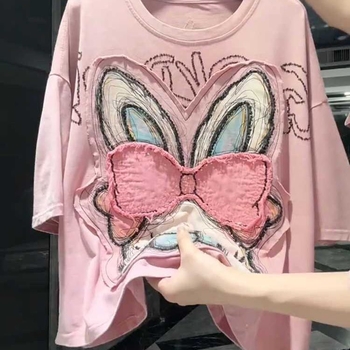 Ženski T-shirt s patchwork tiskom, kratki rukavi, plus veličina, opuštena silueta, ljeto 2025