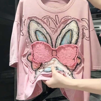 Ženski T-shirt s patchwork tiskom, kratki rukavi, plus veličina, opuštena silueta, ljeto 2025