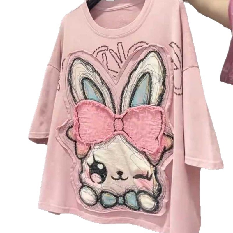 Ženski T-shirt s patchwork tiskom, kratki rukavi, plus veličina, opuštena silueta, ljeto 2025