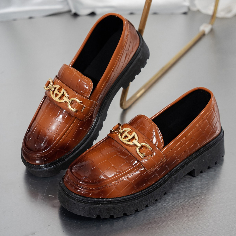 Ženske platform loaferice od mekane kože, smeđe boje, slip-on, britanski stil, plus veličina, niski gornji dio, debeli đon, ljeto