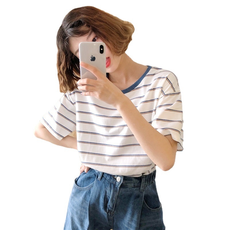 Ženski kratki rukav majica s prugama, ljeto 2024, preppy stil, opuštena silueta, okrugli izrez