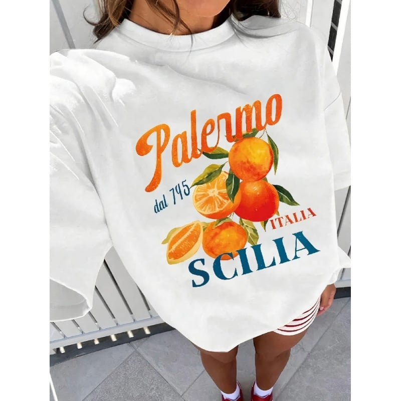 Ženski pamukasti T-shirt s printom pomorandžinog voća i slova, okrugli izrez, kratki rukavi, 3D efekt ispisa, slobodan kroj, srednja duljina (65–80 cm), ljeto 2025, street hipster stil.