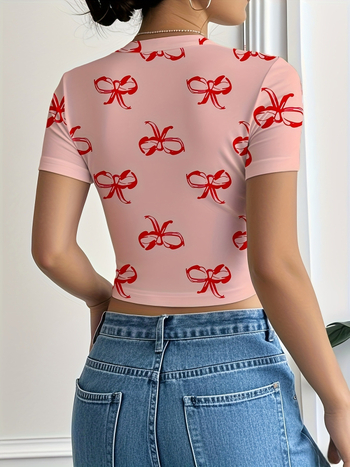 Ženski T-shirt s mašnom, kratki rukavi, okrugli izrez, slim fit, casual sportski stil