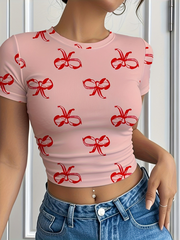 Ženski T-shirt s mašnom, kratki rukavi, okrugli izrez, slim fit, casual sportski stil