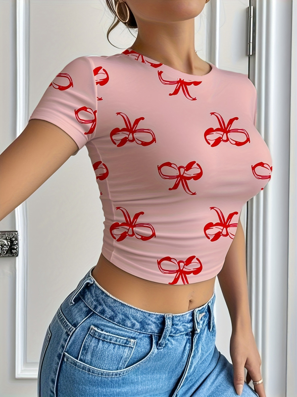 Ženski T-shirt s mašnom, kratki rukavi, okrugli izrez, slim fit, casual sportski stil