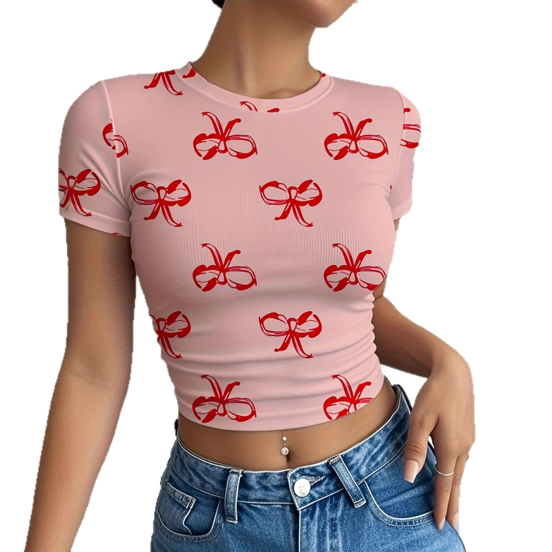 Ženski T-shirt s mašnom, kratki rukavi, okrugli izrez, slim fit, casual sportski stil