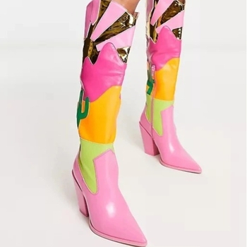 Botine lungi pentru femei, patchwork multicolor și toc gros, confortabile și versatile, stil stradal cu influențe europene și americane