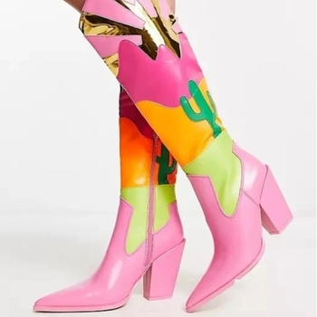 Botine lungi pentru femei, patchwork multicolor și toc gros, confortabile și versatile, stil stradal cu influențe europene și americane