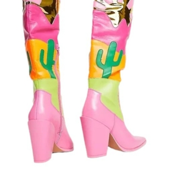 Botine lungi pentru femei, patchwork multicolor și toc gros, confortabile și versatile, stil stradal cu influențe europene și americane