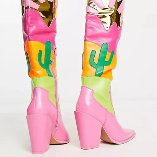 Botine lungi pentru femei, patchwork multicolor și toc gros, confortabile și versatile, stil stradal cu influențe europene și americane