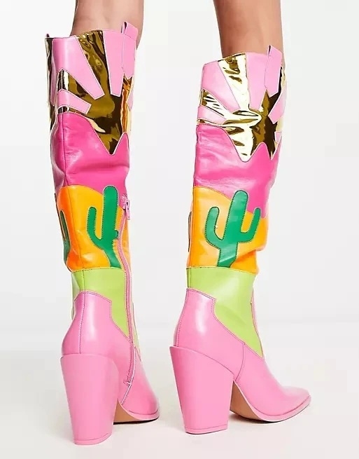Botine lungi pentru femei, patchwork multicolor și toc gros, confortabile și versatile, stil stradal cu influențe europene și americane