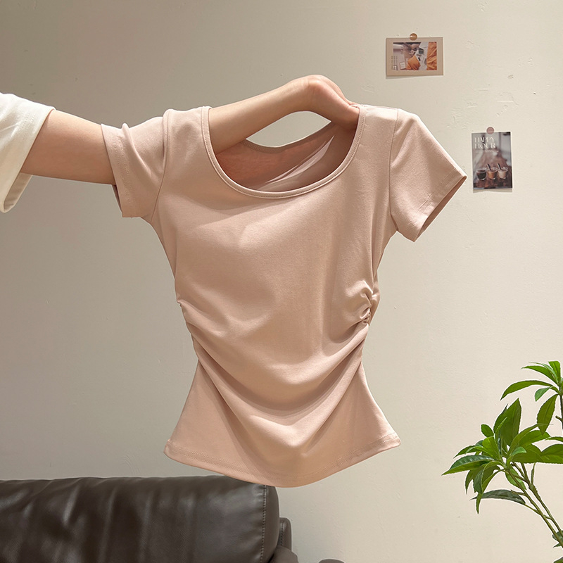 Ženski T-shirt s U-izrezom, kratkim rukavima, plisirana struk, ljetni model 2025, jedinstven dizajn