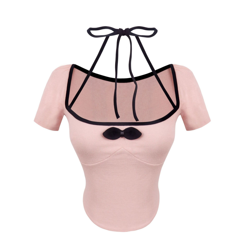 Ženski crop top s U-izrezom i mašnicom, seksi izrez na ključnim kostima, kratki rukavi, ljetni komad