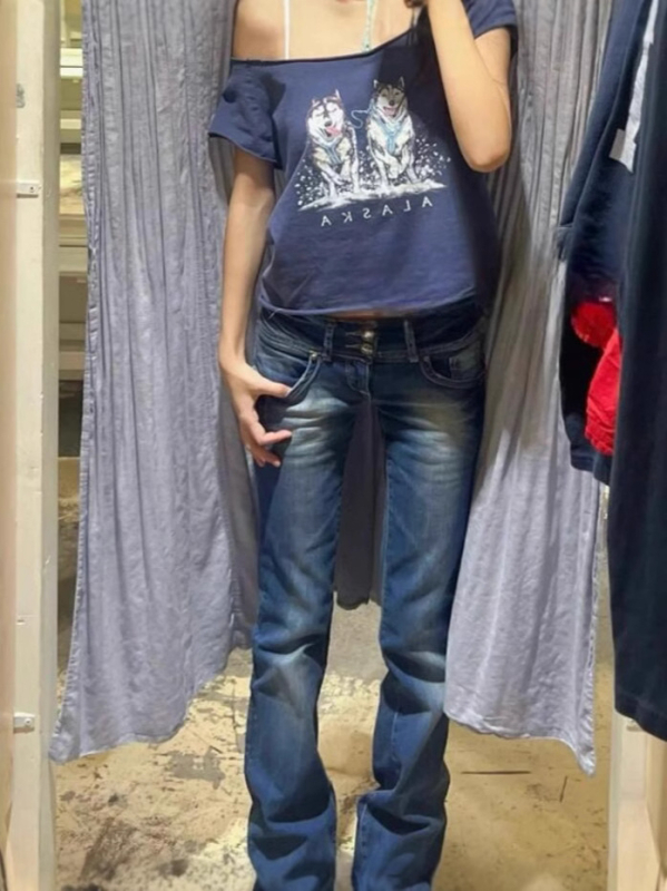 Ženski pamukasti T-shirt s otiskom dvaju aljaških haskija, BM stil, širok kroj, ljetna casual majica