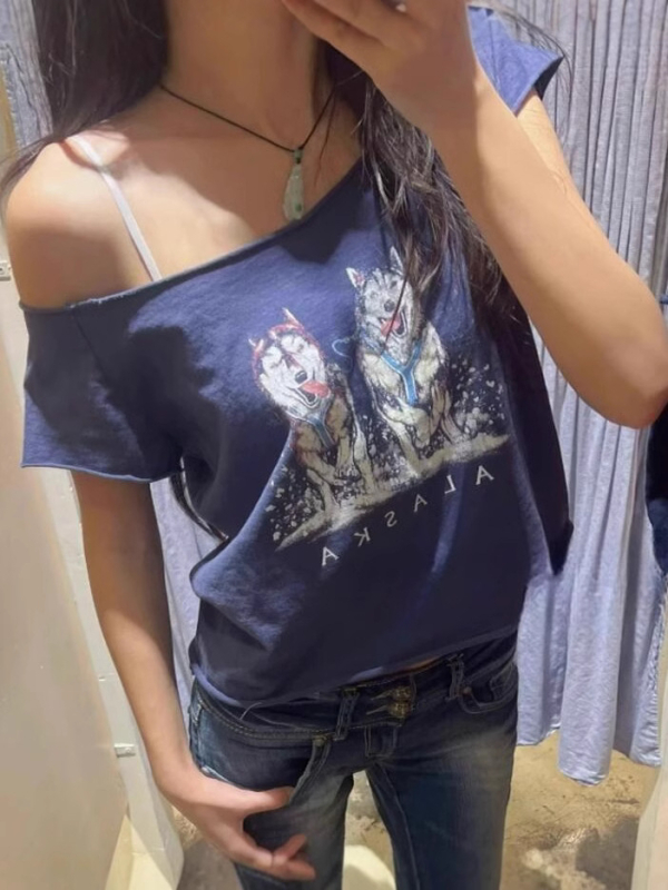 Ženski pamukasti T-shirt s otiskom dvaju aljaških haskija, BM stil, širok kroj, ljetna casual majica