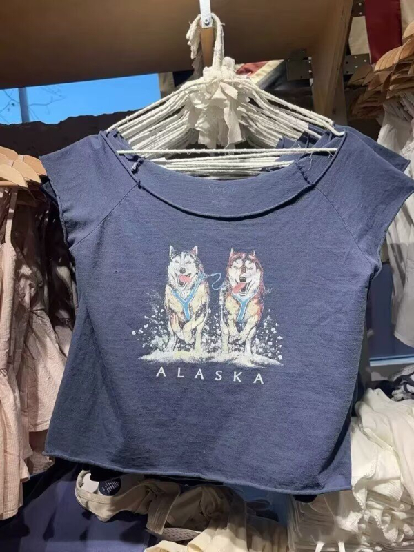 Ženski pamukasti T-shirt s otiskom dvaju aljaških haskija, BM stil, širok kroj, ljetna casual majica