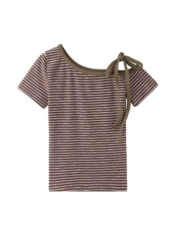 Ljubičasta prugasta majica s jednim ramenom, kratkih rukava, ljetni slim-fit, korejski stil off-shoulder