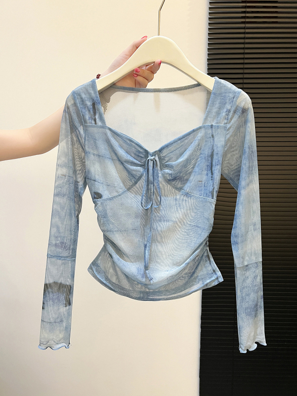 Ženski mrežasti top, uski kroj, kvadratni izrez, vezanje, tie-dye print, kratki top