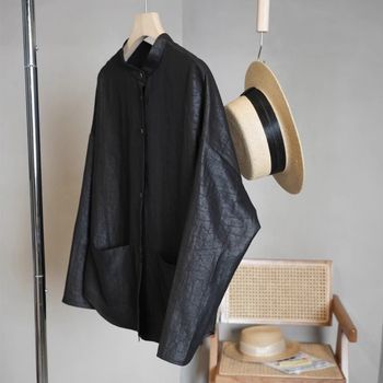 Ženska bluza od svile Mulberry s uzorkom pukotina, kineskog stila, stojeći ovratnik, dugi rukavi, kratka duljina (40–50 cm), casual top.
