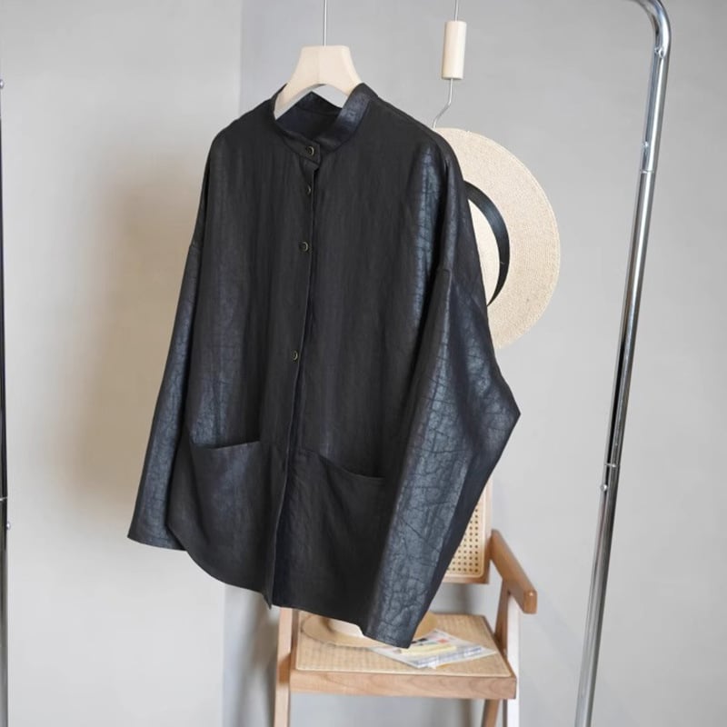 Ženska bluza od svile Mulberry s uzorkom pukotina, kineskog stila, stojeći ovratnik, dugi rukavi, kratka duljina (40–50 cm), casual top.