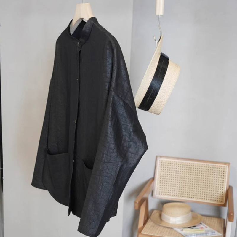 Ženska bluza od svile Mulberry s uzorkom pukotina, kineskog stila, stojeći ovratnik, dugi rukavi, kratka duljina (40–50 cm), casual top.
