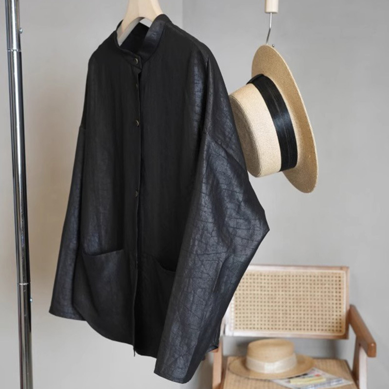 Ženska bluza od svile Mulberry s uzorkom pukotina, kineskog stila, stojeći ovratnik, dugi rukavi, kratka duljina (40–50 cm), casual top.