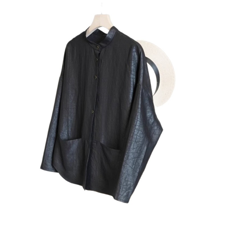 Ženska bluza od svile Mulberry s uzorkom pukotina, kineskog stila, stojeći ovratnik, dugi rukavi, kratka duljina (40–50 cm), casual top.