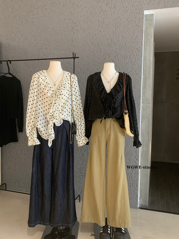 Ženska bluza s vezicama, dugi rukavi, V izrez, straight kroj, jednobojna, poliester, jesen 2025, japansko-korejski casual stil